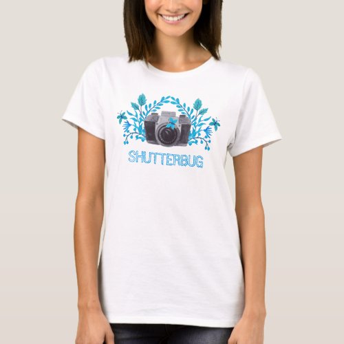 Shutterbug Camera With Blue Leaves And Butterflies T_Shirt