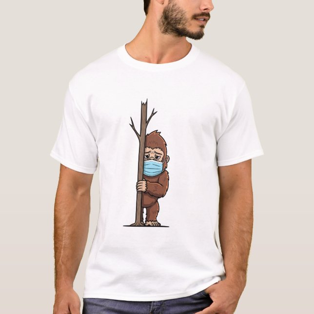 Shy Bigfoot in Medical Mask Peeking Behind T-Shirt (Front)