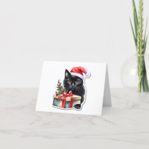 Shy Black Santa Kitten with Present BLANK Holiday Card
