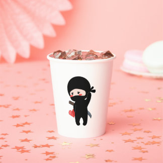 Shy Blushing Ninja Holding Origami Paper Heart Cups