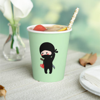 Shy Blushing Ninja Holding Origami Paper Heart Grn Cups