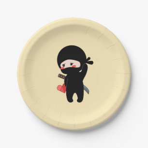 Shy Blushing Ninja Holding Origami Paper Heart Paper Plates