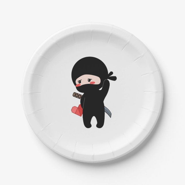 Shy Blushing Ninja Holding Origami Paper Heart Paper Plates (Front)