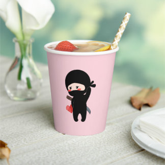 Shy Blushing Ninja Holding Origami Paper Heart Pnk Cups