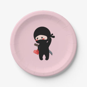 Shy Blushing Ninja Holding Origami Paper Heart Pnk Plates
