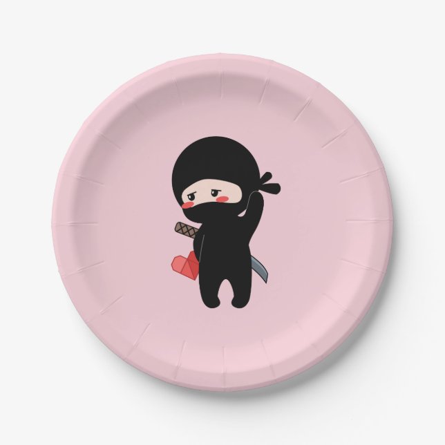 Shy Blushing Ninja Holding Origami Paper Heart Pnk Plates (Front)