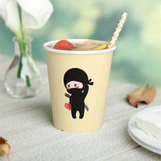 Shy Blushing Ninja Holding Origami Paper Heart Ylw Cups
