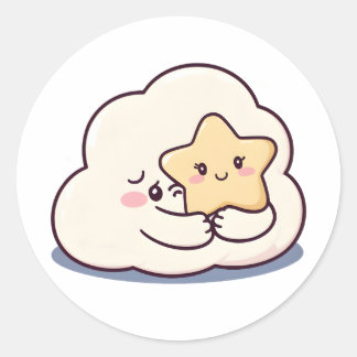 Shy Cloud Hugging a Star – Dreamy Cute Sky Charact Classic Round Sticker