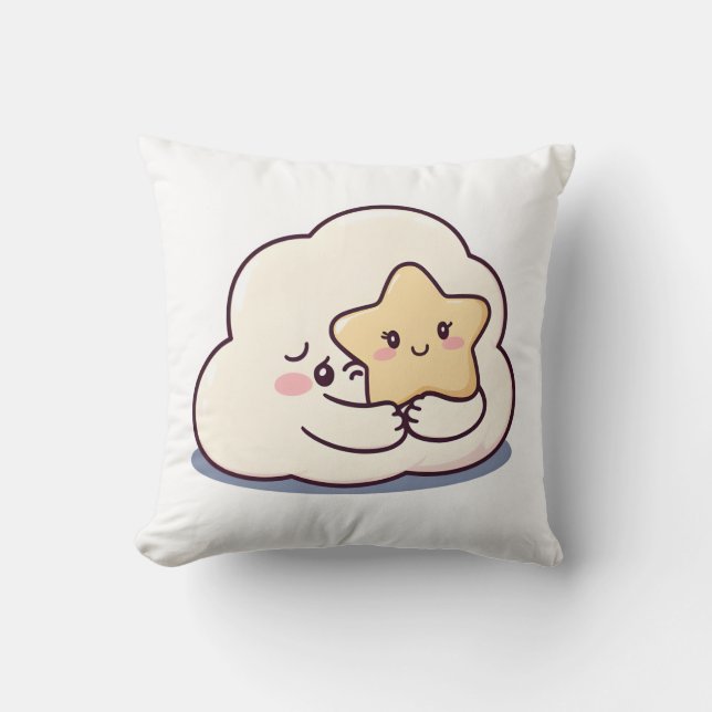 Shy Cloud Hugging a Star – Dreamy Cute Sky Charact Throw Pillow (Front)