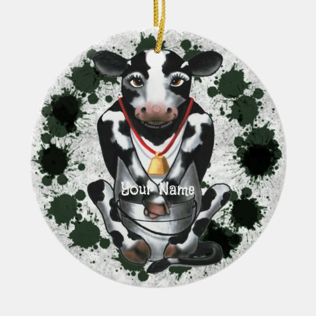 Shy Cow  bucket Ceramic Ornament (Front)