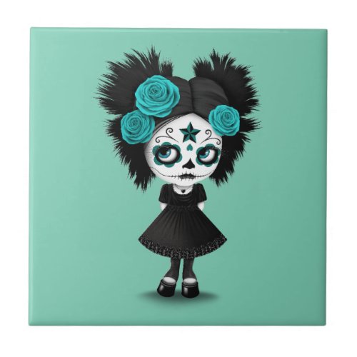 Shy Day of the Dead Girl with Big Eyes Blue Ceramic Tile