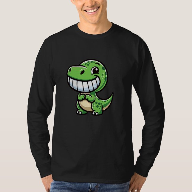 Shy Dino Cartoon Trex Showing Teeth Happy Friendly T-Shirt (Front)