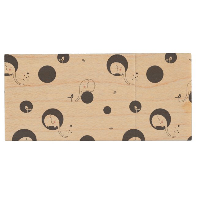 Shy Elephant Pattern Wood USB Flash Drive (Front)