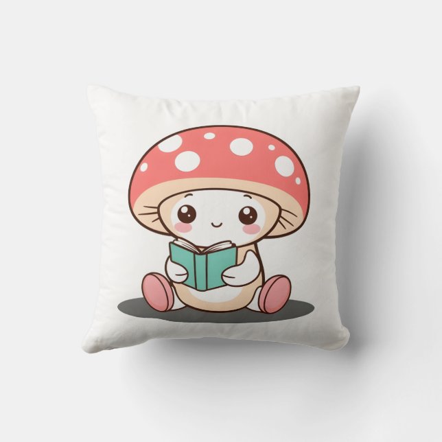 Shy Mushroom Holding a Book Throw Pillow (Back)