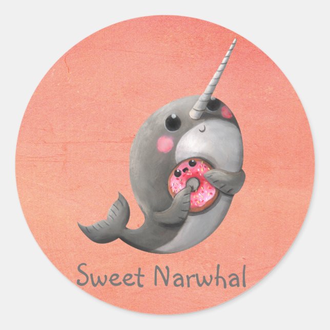 Shy Narwhal with Donut Classic Round Sticker (Front)