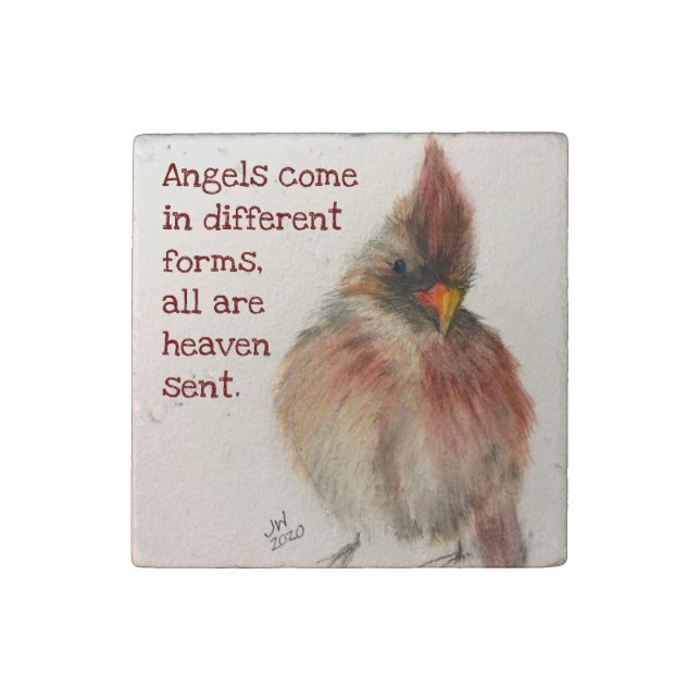 Shy Red Cardinal on small Marble Magnet (Front)