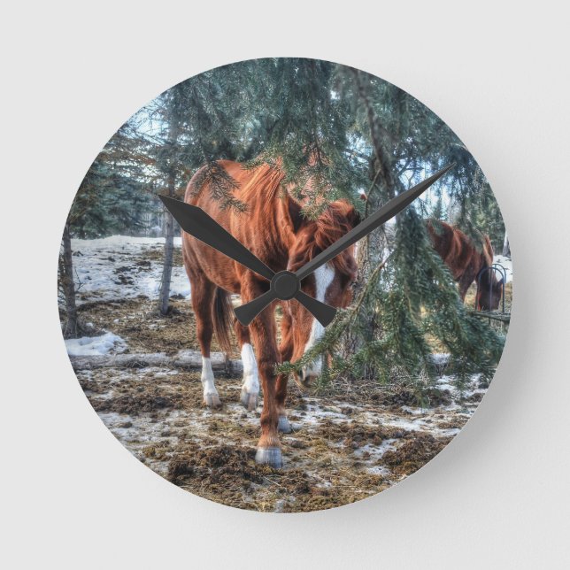Shy Sorrel Mare and Branches Horse-lover Gift Round Clock (Front)
