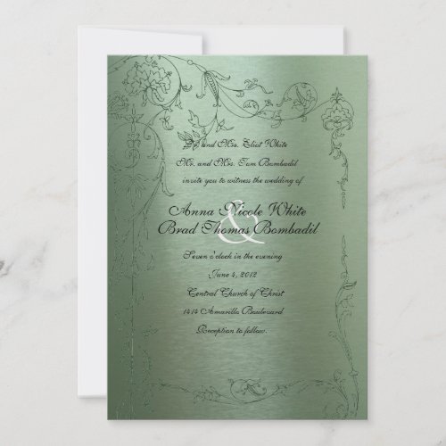Shy Unicorn Green Metallic Wedding Invitation