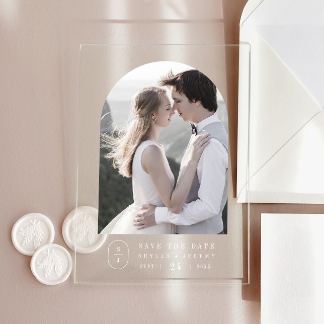 SHYLAH White Boho Monogram Wedding Save The Date Acrylic Invitations (SHYLAH White Boho Monogram Wedding Save The Date Acrylic Invitations)