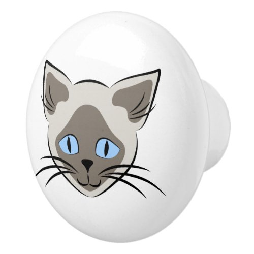 Siamese Blue Eyed Cat Face Dark on Light Graphic Ceramic Knob