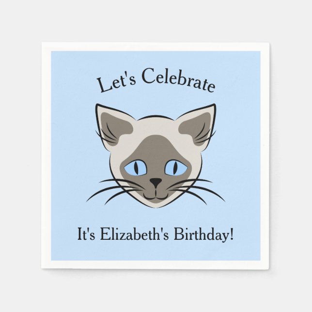 Siamese Blue Eyed Cat Face Graphic Birthday Napkins (Front)