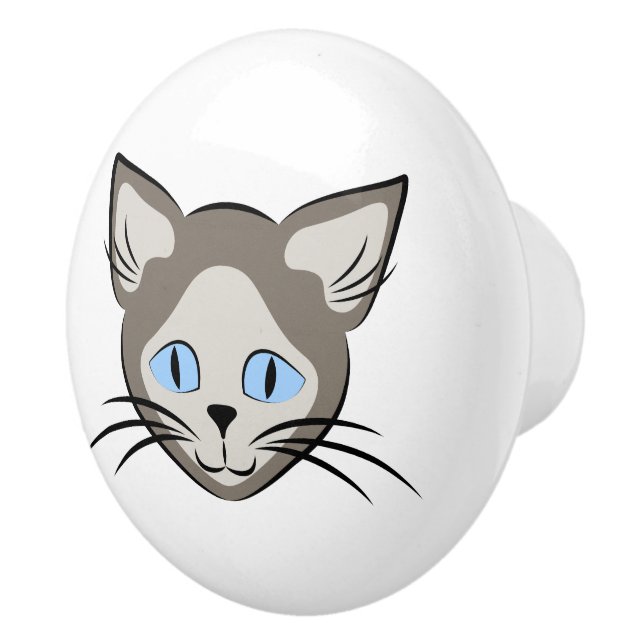 Siamese Blue Eyed Cat Face Light on Dark Graphic Ceramic Knob (Right)