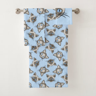 Siamese Blue Eyed Cat Faces Graphic Art Pattern Bath Towel Set