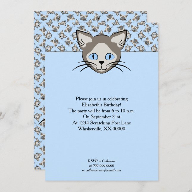Siamese Blue Eyed Cat Faces Graphic Art Pattern Invitation (Front/Back)