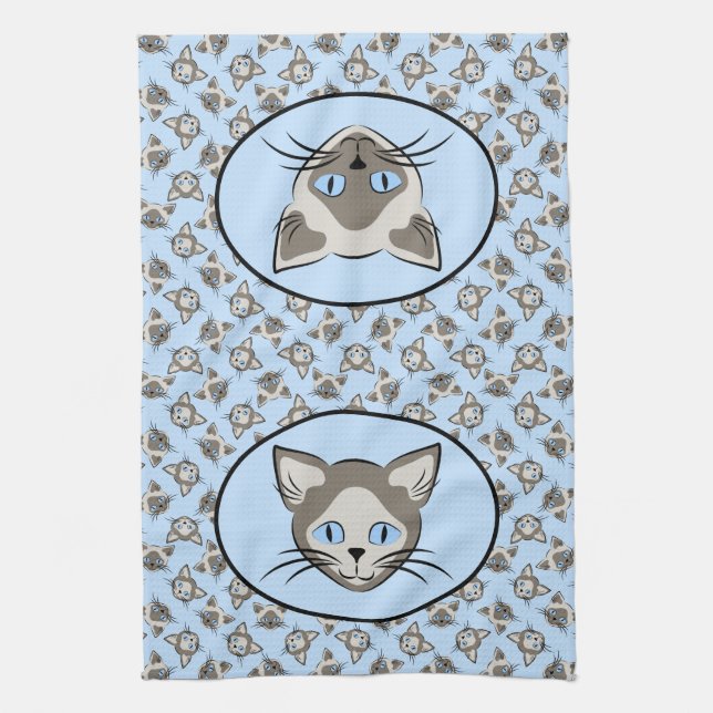 Siamese Blue Eyed Cat Faces Graphic Art Pattern Kitchen Towel (Vertical)