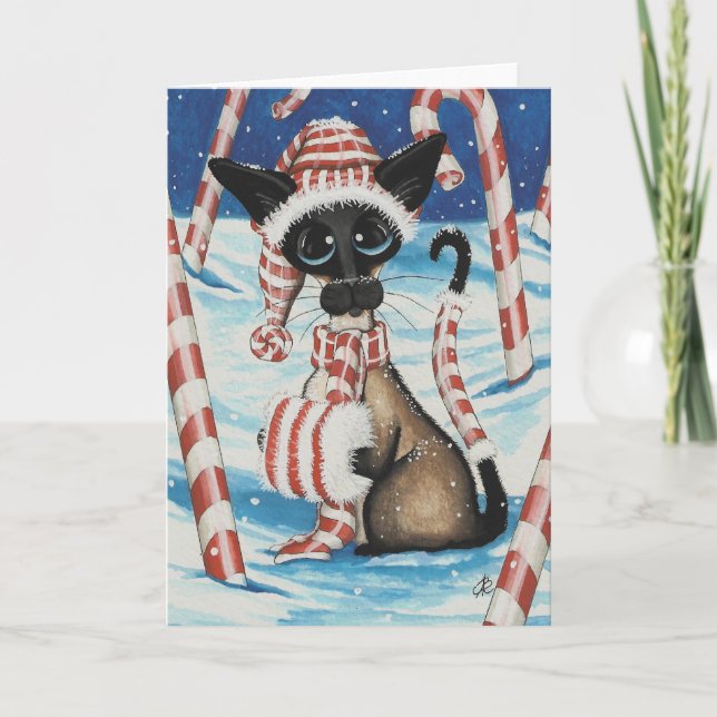 Siamese Candy Cane Kitty Holiday Card (Front)