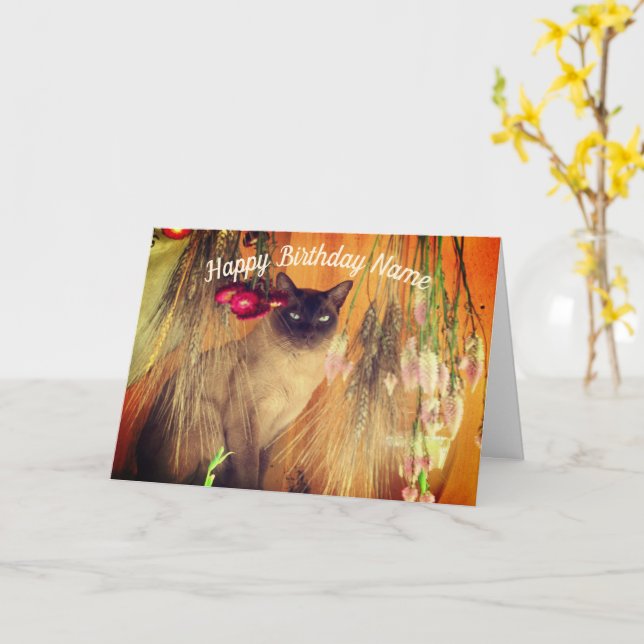 Siamese Cat 3 Personalized Birthday Card (Yellow Flower)