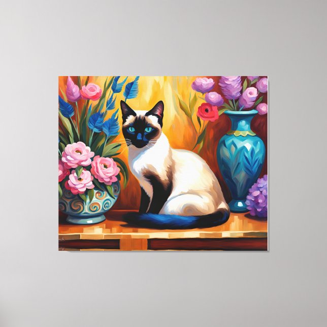 Siamese Cat And Bouquets in Vases watercolor Canvas Print (Front)