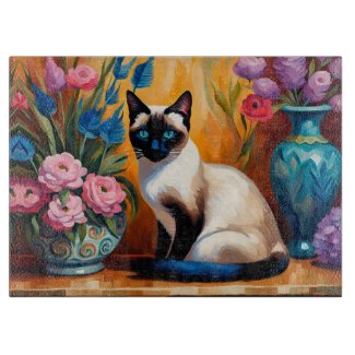 Siamese Cat And Bouquets in Vases watercolor
