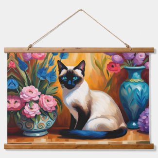 Siamese Cat And Bouquets in Vases watercolor