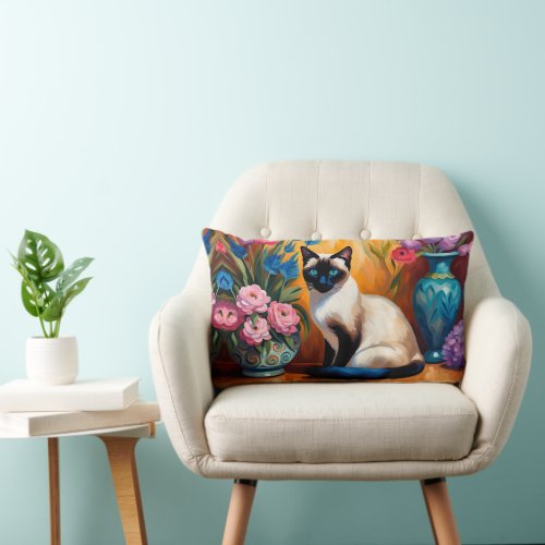 Siamese Cat And Bouquets in Vases watercolor Lumbar Pillow