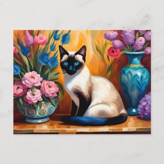 Siamese Cat And Bouquets in Vases watercolor