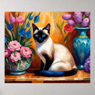 Siamese Cat And Bouquets in Vases watercolor Poster