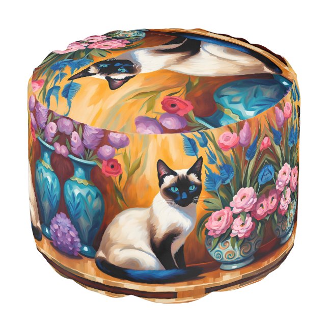 Siamese Cat And Bouquets in Vases watercolor Pouf (Angled Front)