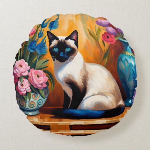 Siamese Cat And Bouquets in Vases watercolor Round Pillow