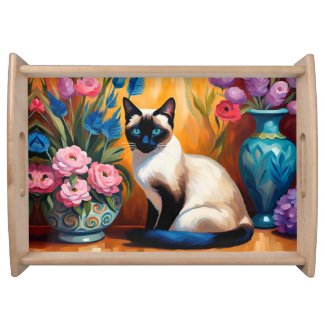 Siamese Cat And Bouquets in Vases watercolor