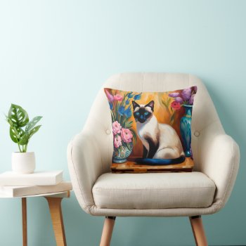 Siamese Cat And Bouquets In Vases Watercolor Throw Pillow by minx267 at Zazzle
