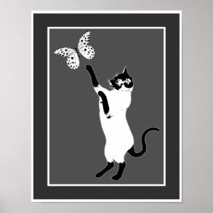 Siamese Cat And Butterfly Black And White  Poster