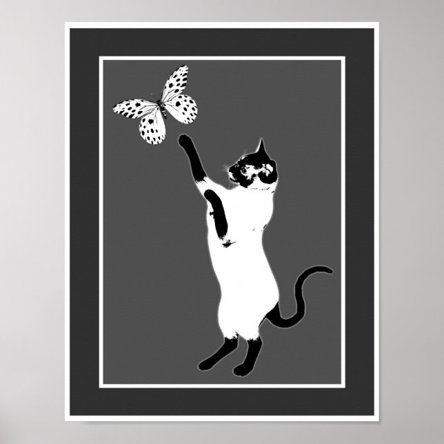 Siamese Cat And Butterfly Black And White  Poster (Front)