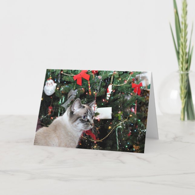 Siamese Cat and Christmas tree Holiday Card (Front)