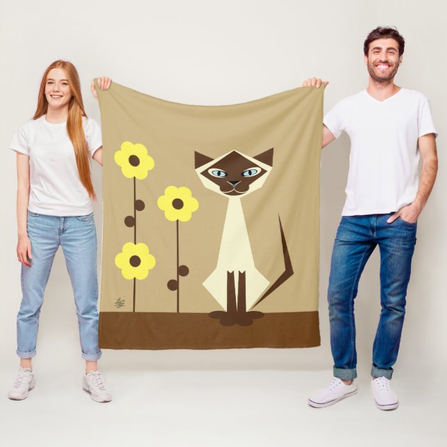 Siamese Cat And Flowers Fleece Blanket (In Situ)