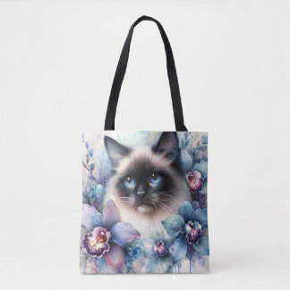 Siamese Cat and Orchid Flowers Watercolor Tote Bag