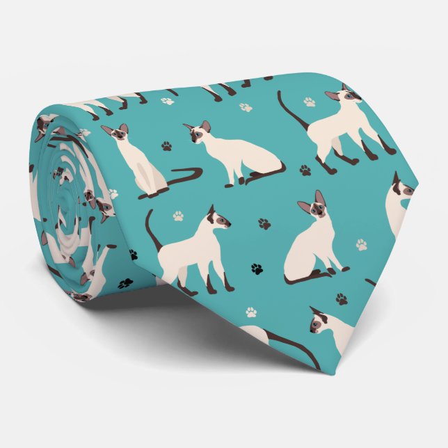 Siamese Cat and Paws Blue Neck Tie (Rolled)