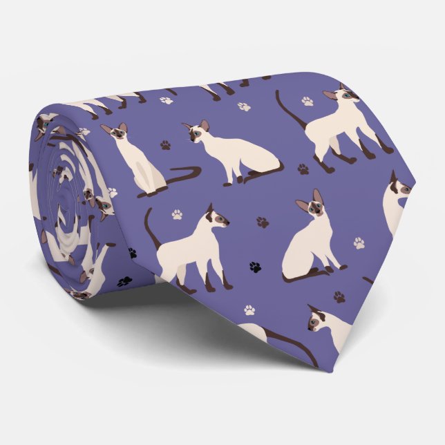Siamese Cat and Paws Purple Neck Tie (Rolled)