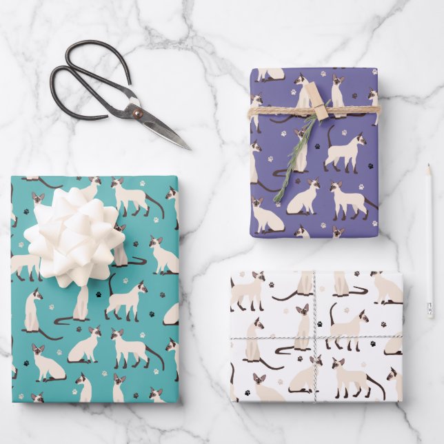 Siamese Cat and Paws Teal Purple White Wrapping Paper Sheets (Front)