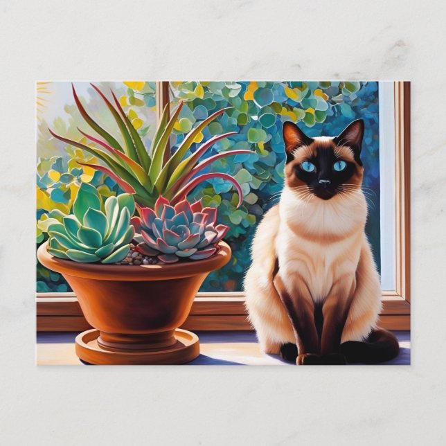 Siamese Cat and Succulent Plants  Postcard (Front)
